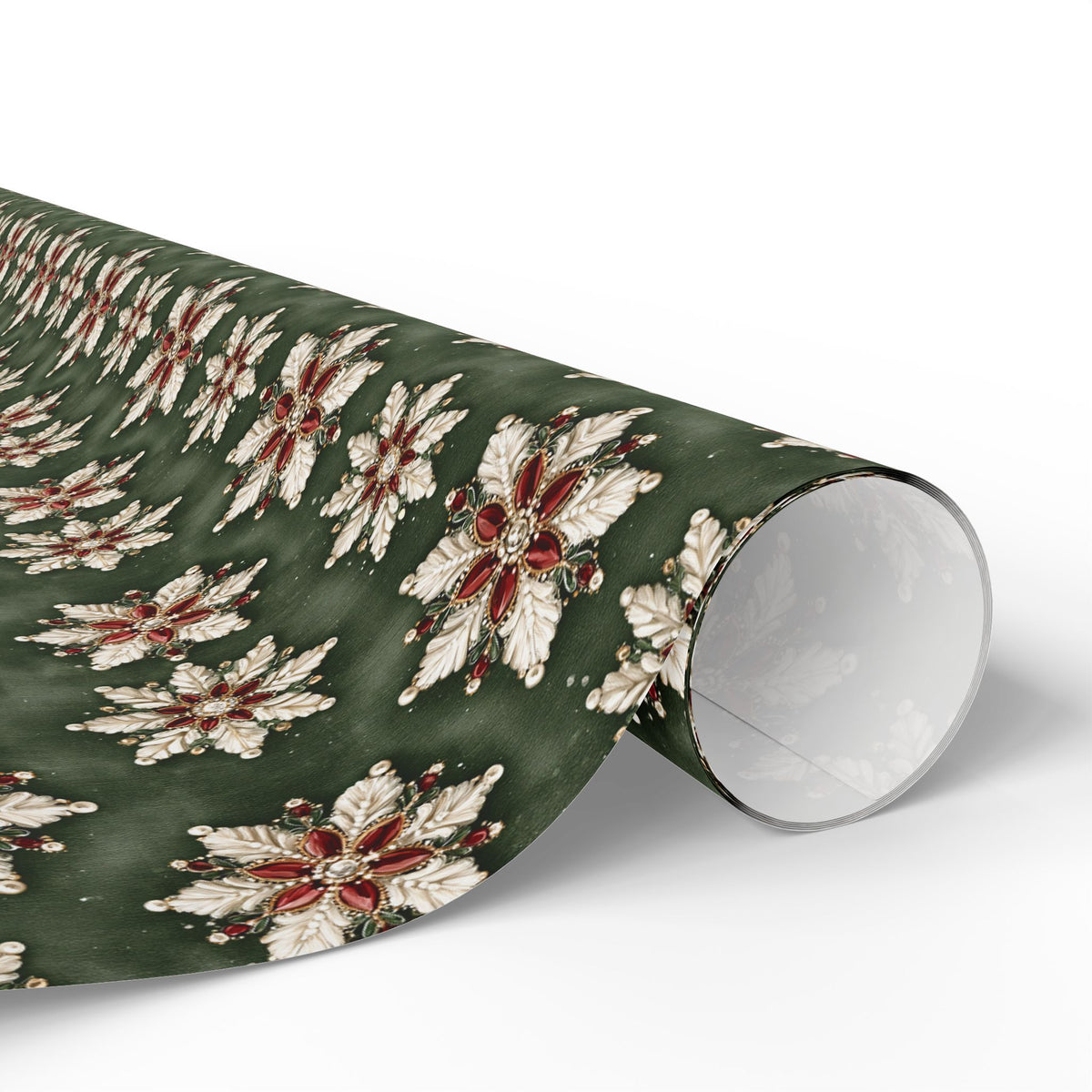 Jeweled Snowflake Christmas Wrapping Paper, Forest Green Gift Wrap Roll, Ruby Pearl Vintage Brooch Holiday Paper