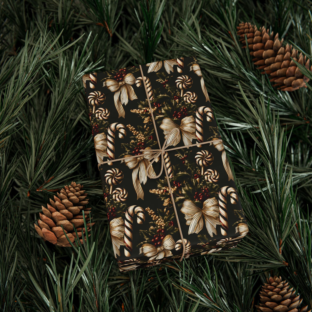 Vintage Christmas Bow and Candy Cane Wrapping Paper Roll, Cream Gold Ribbon Gift Wrap, Dark Green Holly Berry Holiday Paper, Elegant Victorian Christmas Wrap
