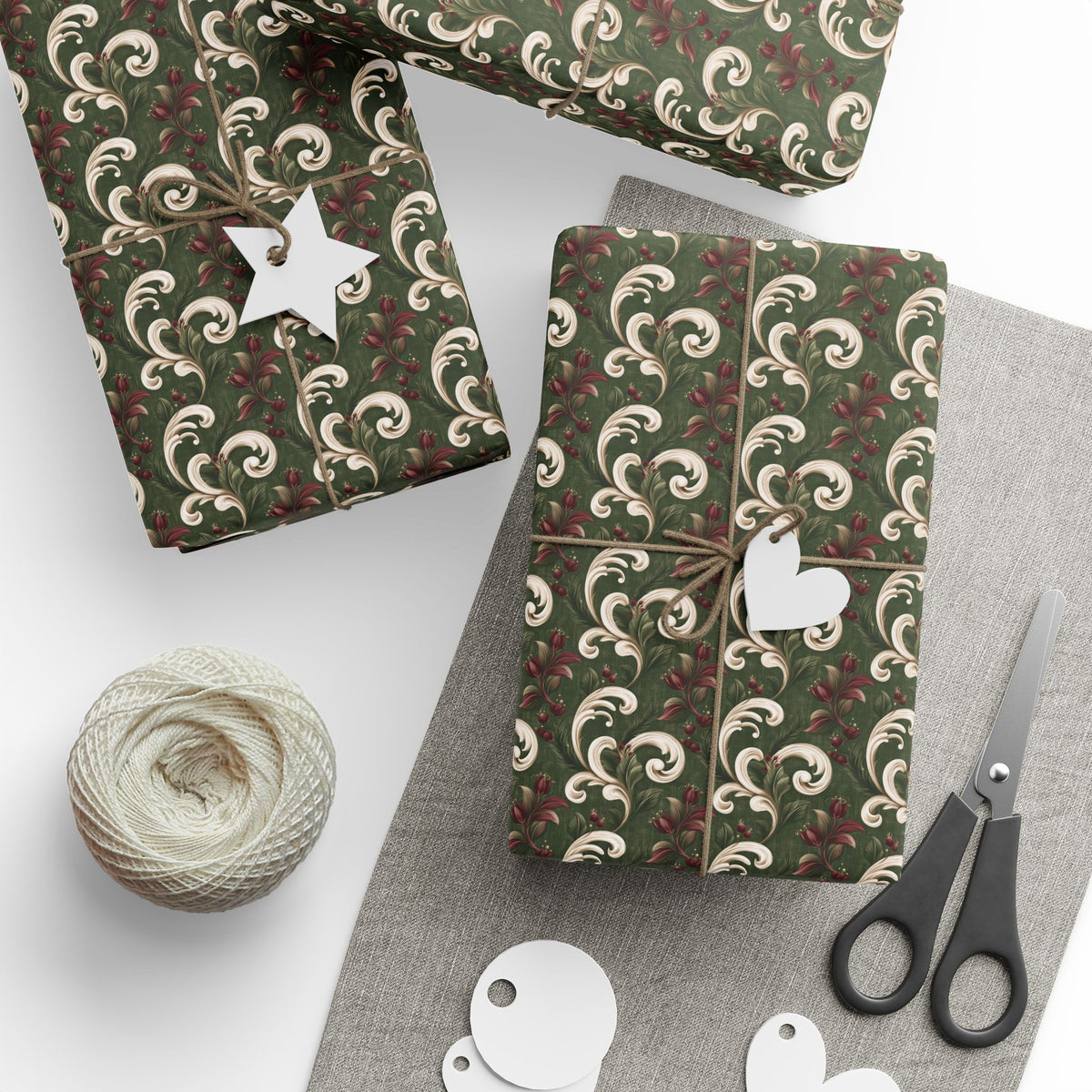 Green and Cream Damask Wrapping Paper Roll, Vintage Scroll and Berry Christmas Gift Wrap, Burgundy Floral Baroque Holiday Paper, Elegant Christmas Wrap