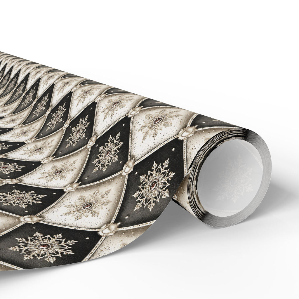 Tufted Snowflake Christmas Wrapping Paper, Black Cream Harlequin Gift Wrap Roll, Elegant Pearl Holiday Paper