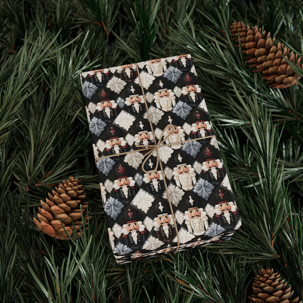 Dark Nutcracker Christmas Wrapping Paper, Black Cream Harlequin Diamond Gift Wrap Roll, Moody Toy Soldier Holiday Wrap, Matte Paper, Free Shipping