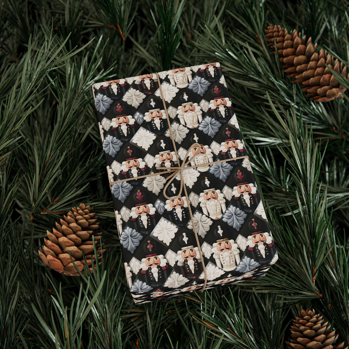 Dark Nutcracker Christmas Wrapping Paper, Black Cream Harlequin Diamond Gift Wrap Roll, Moody Toy Soldier Holiday Wrap, Matte Paper, Free Shipping