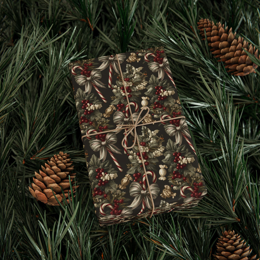 Dark Moody Christmas Wrapping Paper, Olive Green Vintage Gift Wrap Roll, Candy Cane Ribbon Bow Holiday Wrap, Matte Paper, Free Shipping
