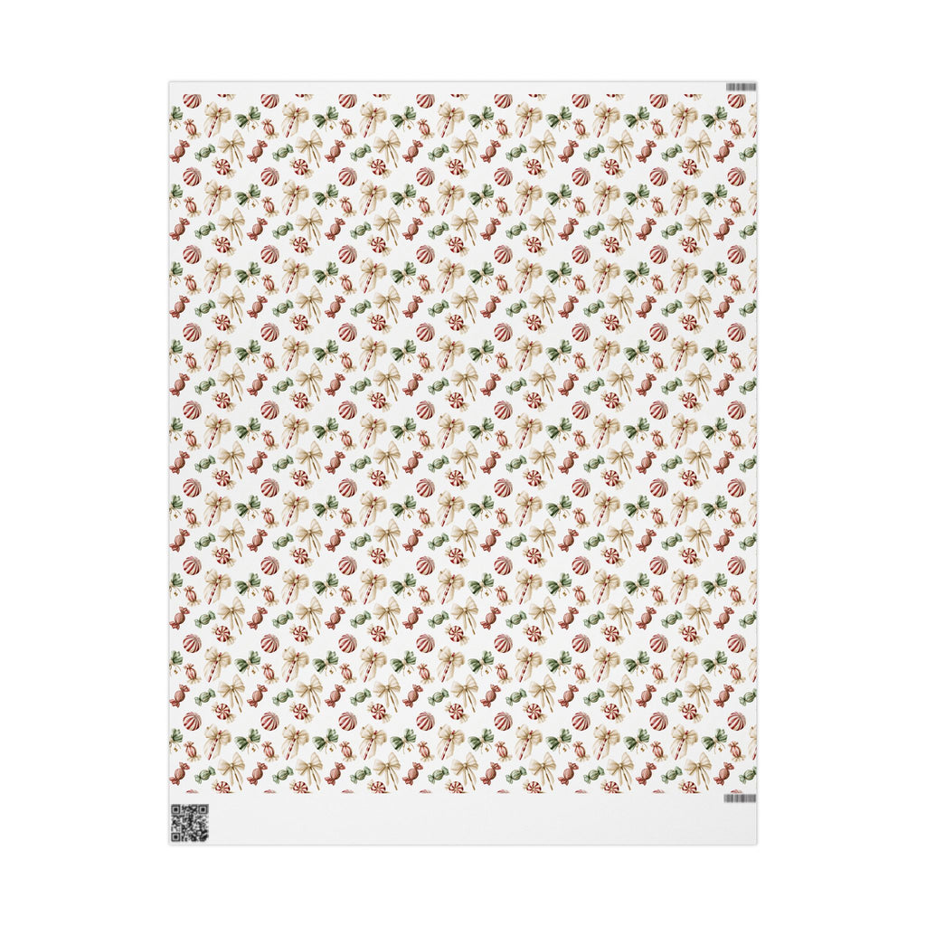 Watercolor Christmas Candy Wrapping Paper, White Coquette Bow Gift Wrap Roll, Peppermint Sweets Holiday Wrap, Matte Paper, Free Shipping