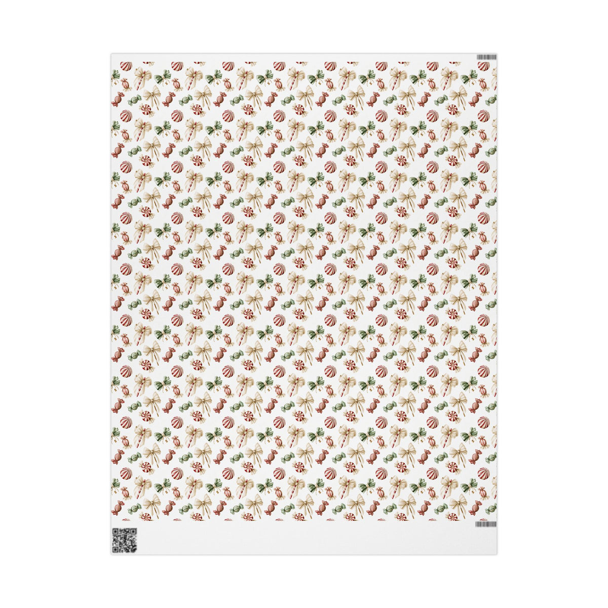 Watercolor Christmas Candy Wrapping Paper, White Coquette Bow Gift Wrap Roll, Peppermint Sweets Holiday Wrap, Matte Paper, Free Shipping