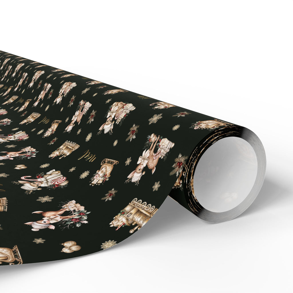 Vintage Deer Christmas Wrapping Paper, Evergreen and Gold Retro Gift Wrap Roll, Noel Fawn Sleigh Holiday Paper