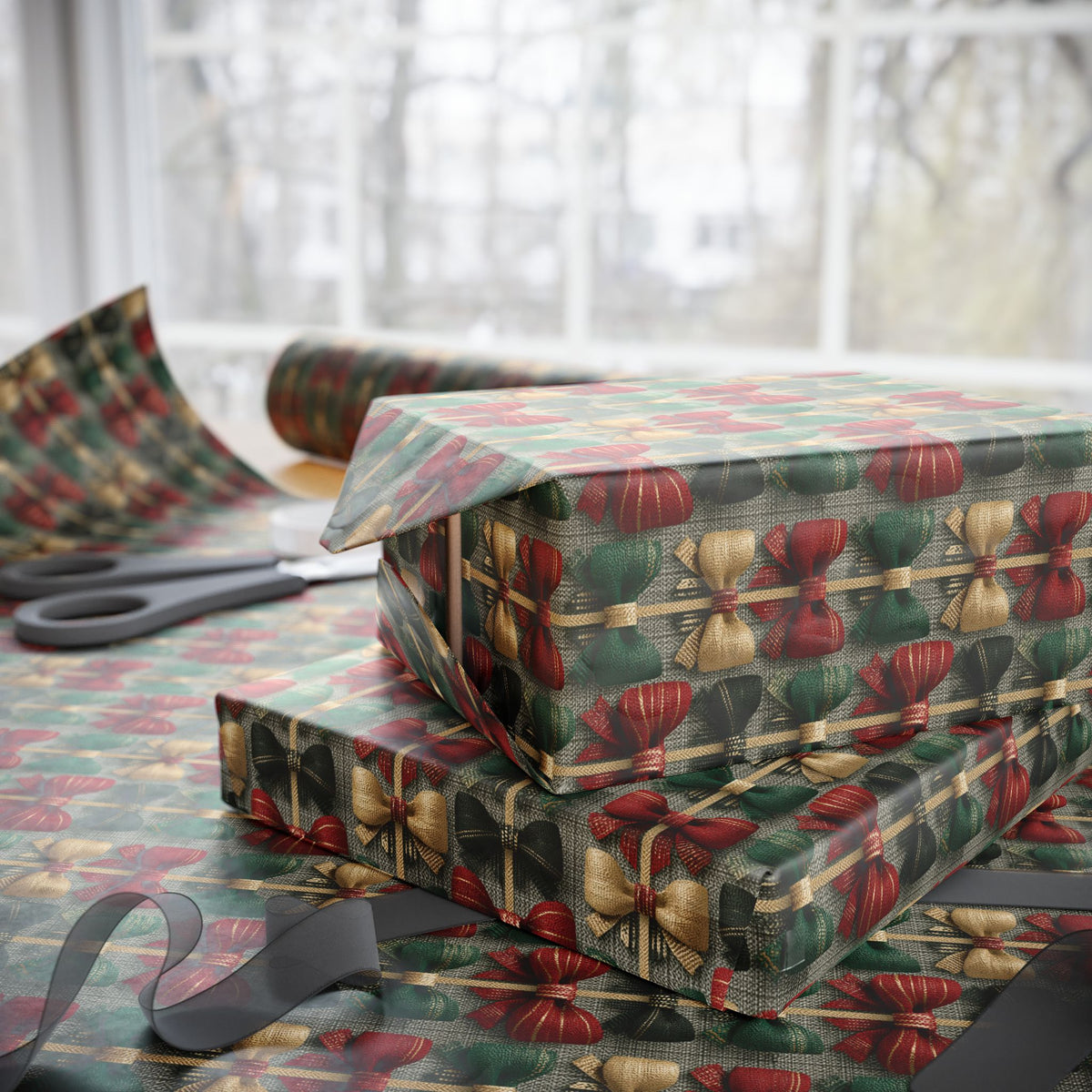 Rustic Ribbon Bow Christmas Wrapping Paper, Red Green Burlap Gift Wrap Roll, Textured Linen Holiday Paper, Matte