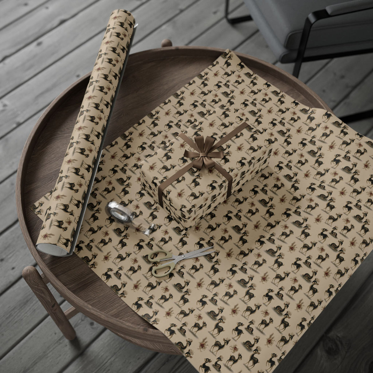 Retro Kitsch Fawn Christmas Wrapping Paper, Vintage Deer Gift Wrap Roll, Cream and Charcoal Holiday Paper, Matte