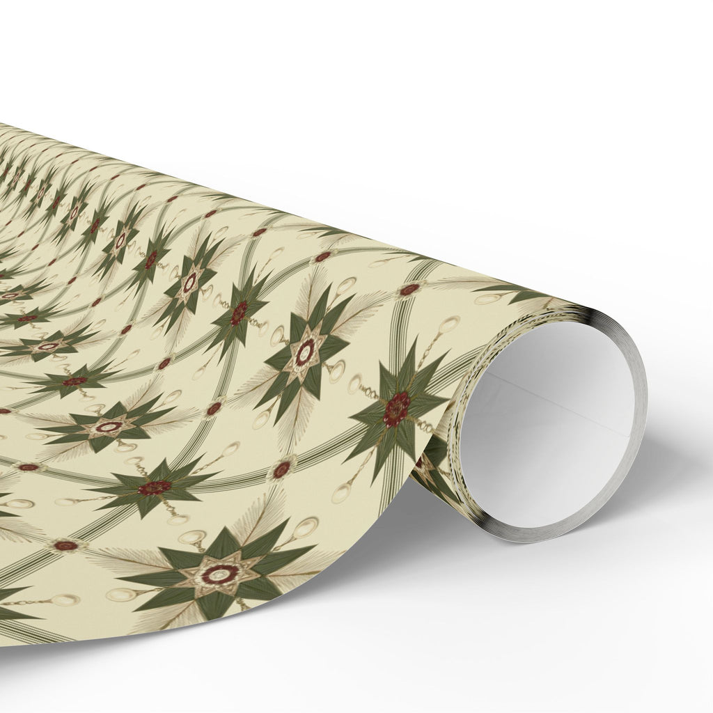 Folk Star Christmas Wrapping Paper, Sage Green Cream Quilt Block Gift Wrap Roll, Vintage Primitive Nordic Holiday Wrap, Matte Paper, Free Shipping