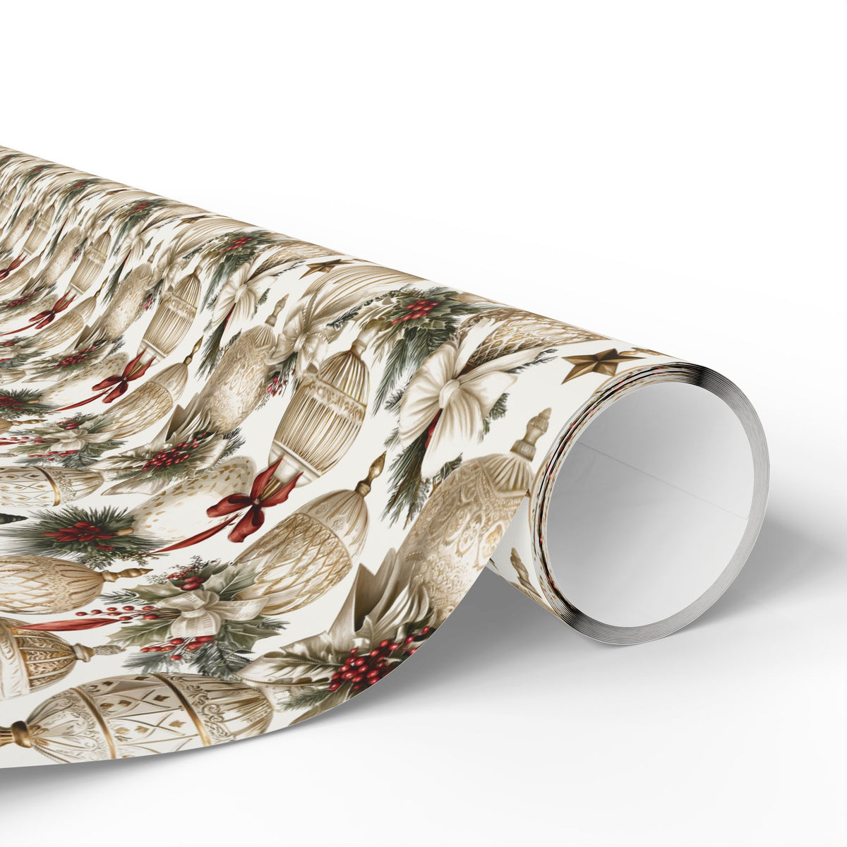 Ivory Gold Ornament Christmas Wrapping Paper, Victorian Bauble Red Bow Gift Wrap Roll, Elegant Vintage Holly Holiday Wrap, Matte Paper, Free Shipping