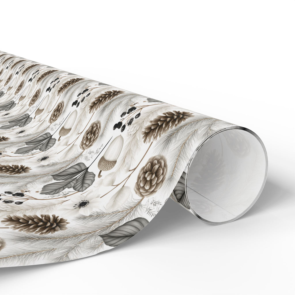 Woodland Botanical Wrapping Paper, Acorn Pinecone Gift Wrap Roll, Neutral Cream Gray Winter Forest Wrap, Matte Paper, Free Shipping