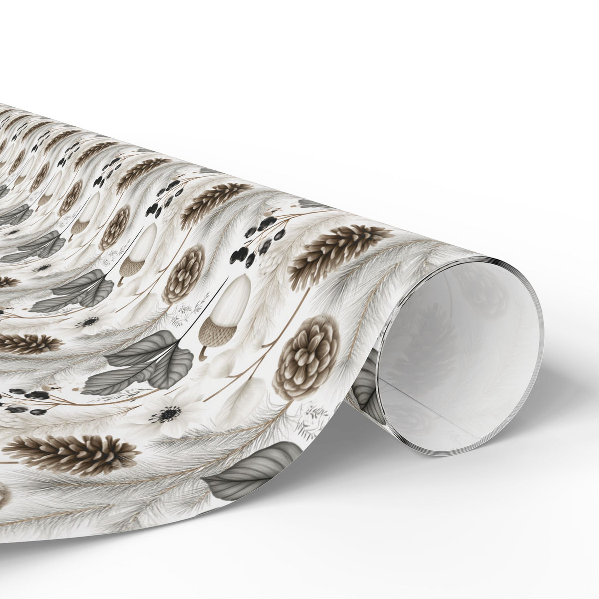 Woodland Botanical Wrapping Paper, Acorn Pinecone Gift Wrap Roll, Neutral Cream Gray Winter Forest Wrap, Matte Paper, Free Shipping