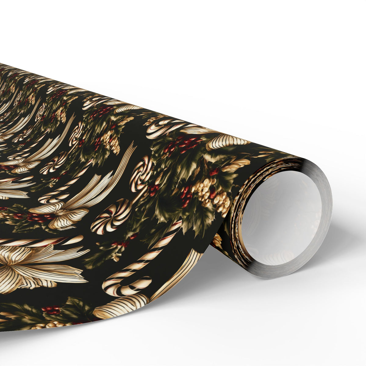 Vintage Christmas Bow and Candy Cane Wrapping Paper Roll, Cream Gold Ribbon Gift Wrap, Dark Green Holly Berry Holiday Paper, Elegant Victorian Christmas Wrap