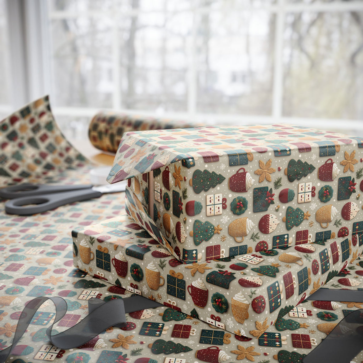 Embroidered Look Christmas Wrapping Paper, Folk Art Cookie Cocoa Gift Wrap Roll, Vintage Red Green Tan Holiday Wrap, Matte Paper, Free Shipping