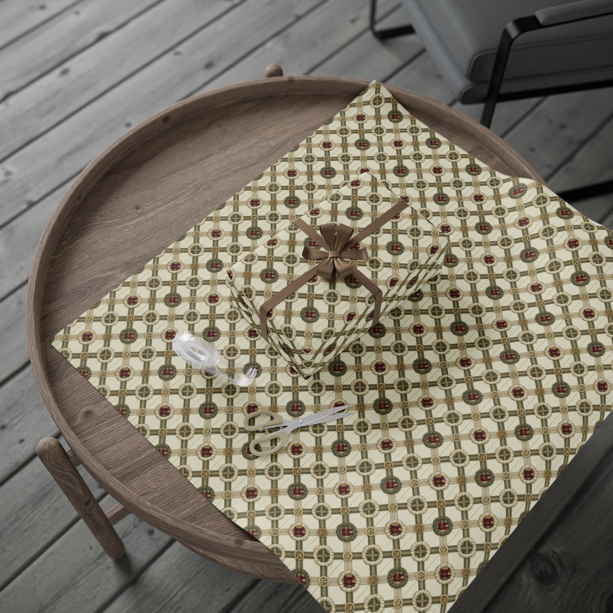 Rope Lattice Christmas Wrapping Paper, Vintage Cream Green Trellis Gift Wrap Roll, Wreath Medallion Tartan Holiday Wrap, Matte Paper, Free Shipping