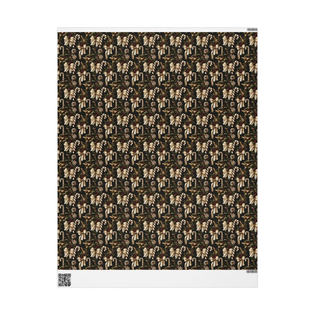 Vintage Christmas Bow and Candy Cane Wrapping Paper Roll, Cream Gold Ribbon Gift Wrap, Dark Green Holly Berry Holiday Paper, Elegant Victorian Christmas Wrap