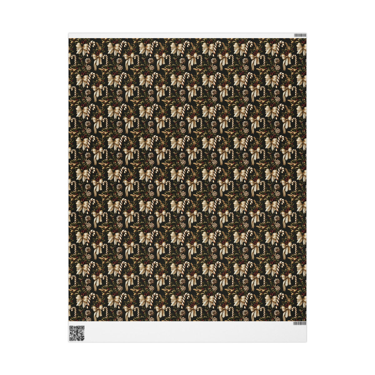 Vintage Christmas Bow and Candy Cane Wrapping Paper Roll, Cream Gold Ribbon Gift Wrap, Dark Green Holly Berry Holiday Paper, Elegant Victorian Christmas Wrap