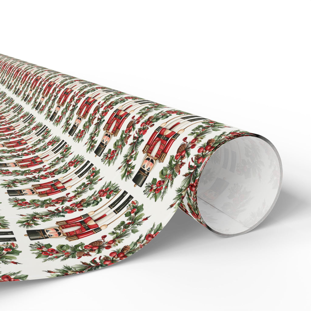 Red Nutcracker Christmas Wrapping Paper, Holly Berry Toy Soldier Gift Wrap Roll, Classic Watercolor Traditional Holiday Wrap, Matte Paper, Free Shipping
