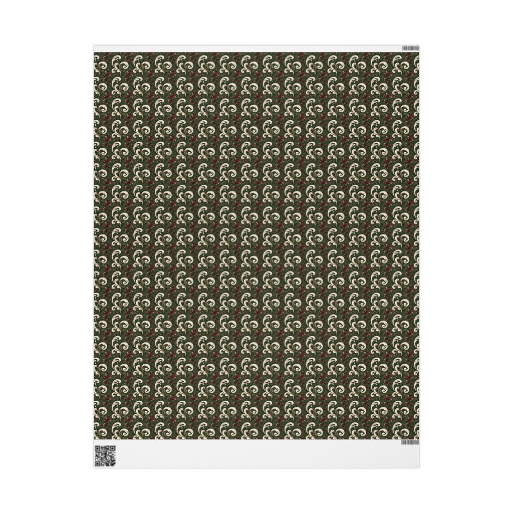 Green and Cream Damask Wrapping Paper Roll, Vintage Scroll and Berry Christmas Gift Wrap, Burgundy Floral Baroque Holiday Paper, Elegant Christmas Wrap