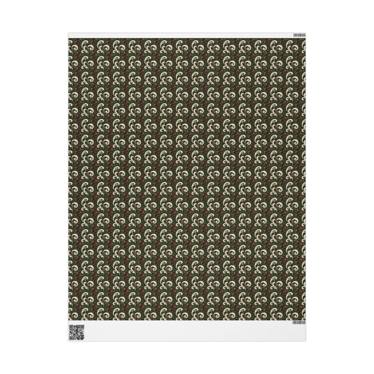 Green and Cream Damask Wrapping Paper Roll, Vintage Scroll and Berry Christmas Gift Wrap, Burgundy Floral Baroque Holiday Paper, Elegant Christmas Wrap