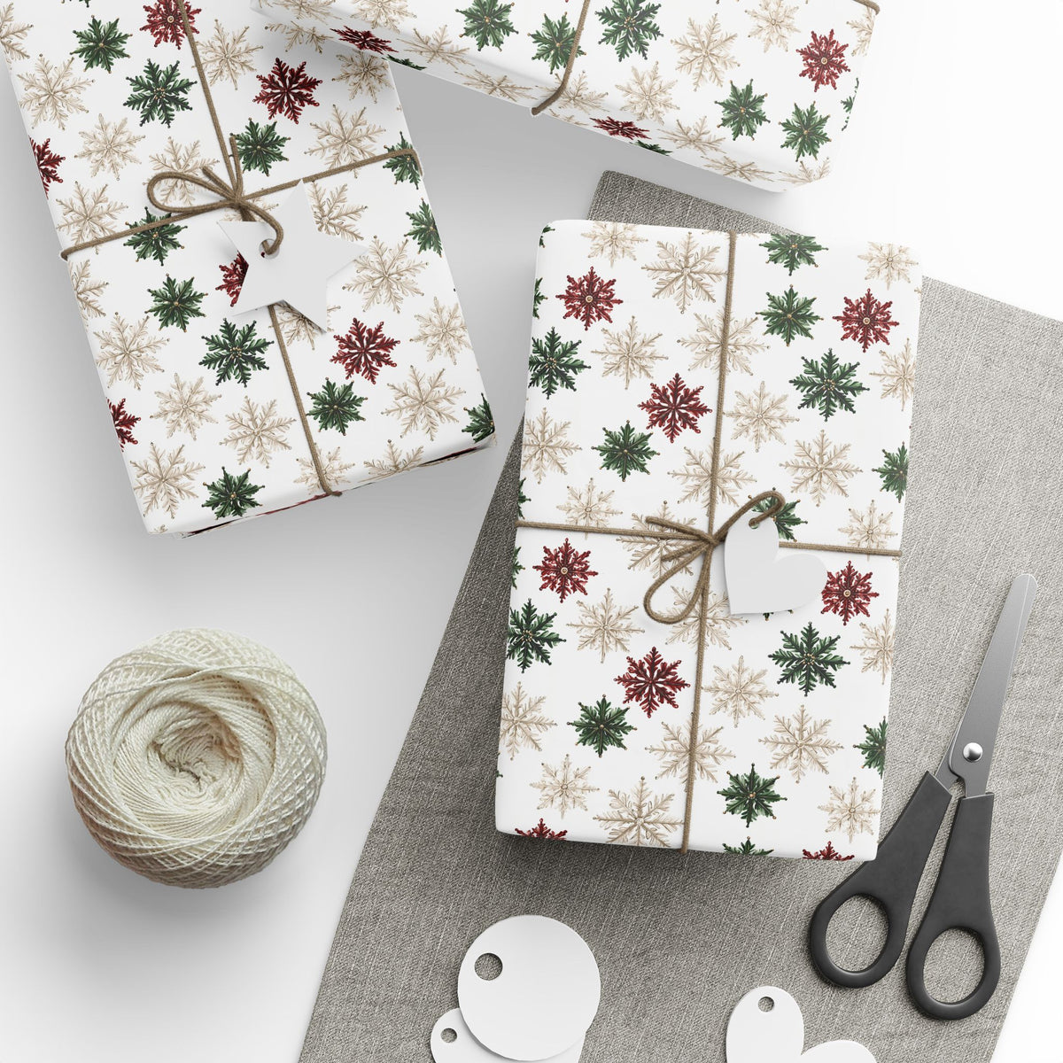 Watercolor Snowflake Christmas Wrapping Paper, Red Green Gold Gift Wrap Roll, Classic White Holiday Paper, Matte