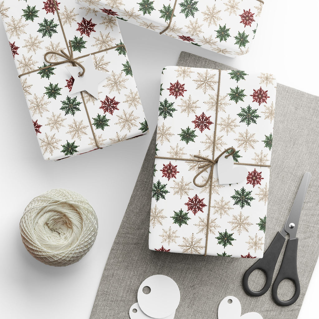Watercolor Snowflake Christmas Wrapping Paper, Red Green Gold Gift Wrap Roll, Classic White Holiday Paper, Matte