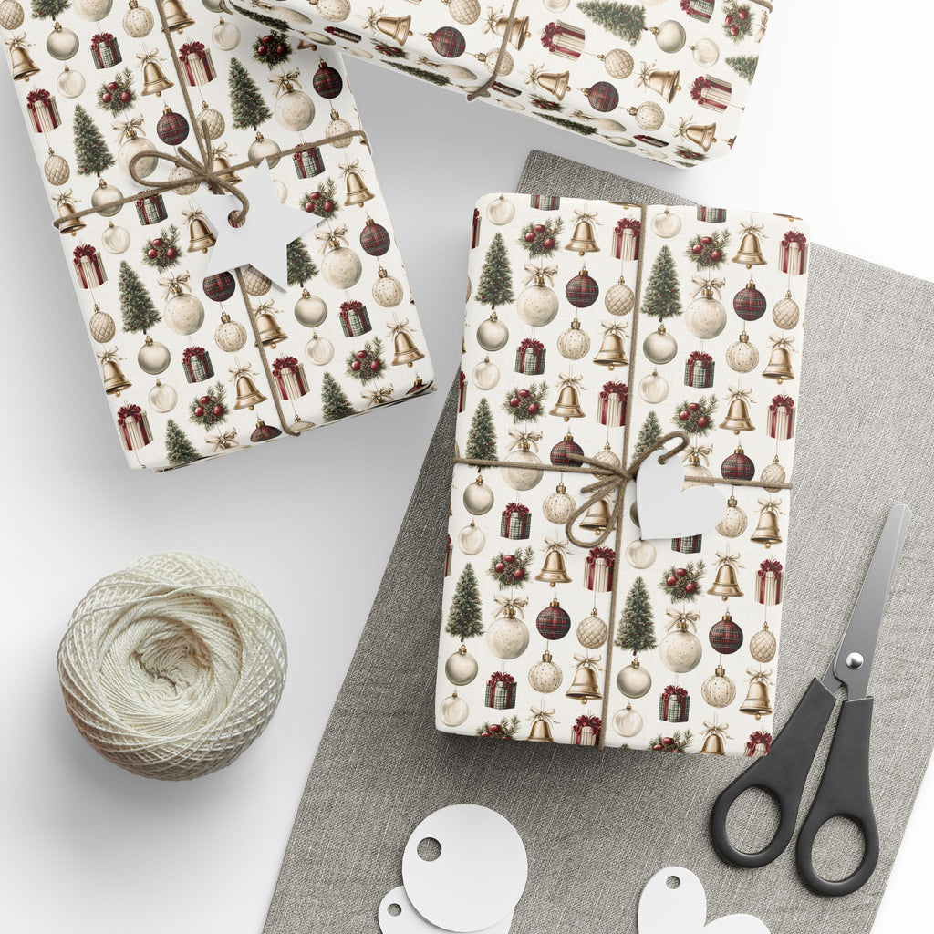 Vintage Christmas Wrapping Paper, Cream Ornament Gold Bell Gift Wrap Roll, Tartan Bauble Flocked Tree Holiday Wrap, Matte Paper, Free Shipping